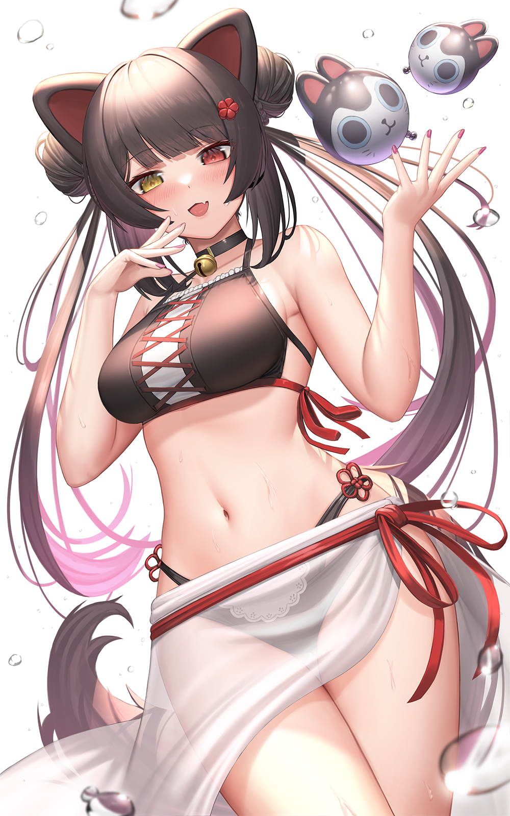 1girl :d animal_ears bangs bare_arms bare_shoulders bell bikini black_bikini blunt_bangs blush breasts brown_hair collar cowboy_shot dog_ears dog_girl dog_tail double_bun eyebrows_visible_through_hair fang flower_knot hands_up heterochromia highres inui_toko jingle_bell large_breasts looking_at_viewer nail_polish navel nijisanji open_mouth pink_nails red_eyes sarong see-through simple_background skin_fang smile solo stomach suraimu_(suraimuraimu) swimsuit tail thigh_gap twintails virtual_youtuber water_drop white_background yellow_eyes