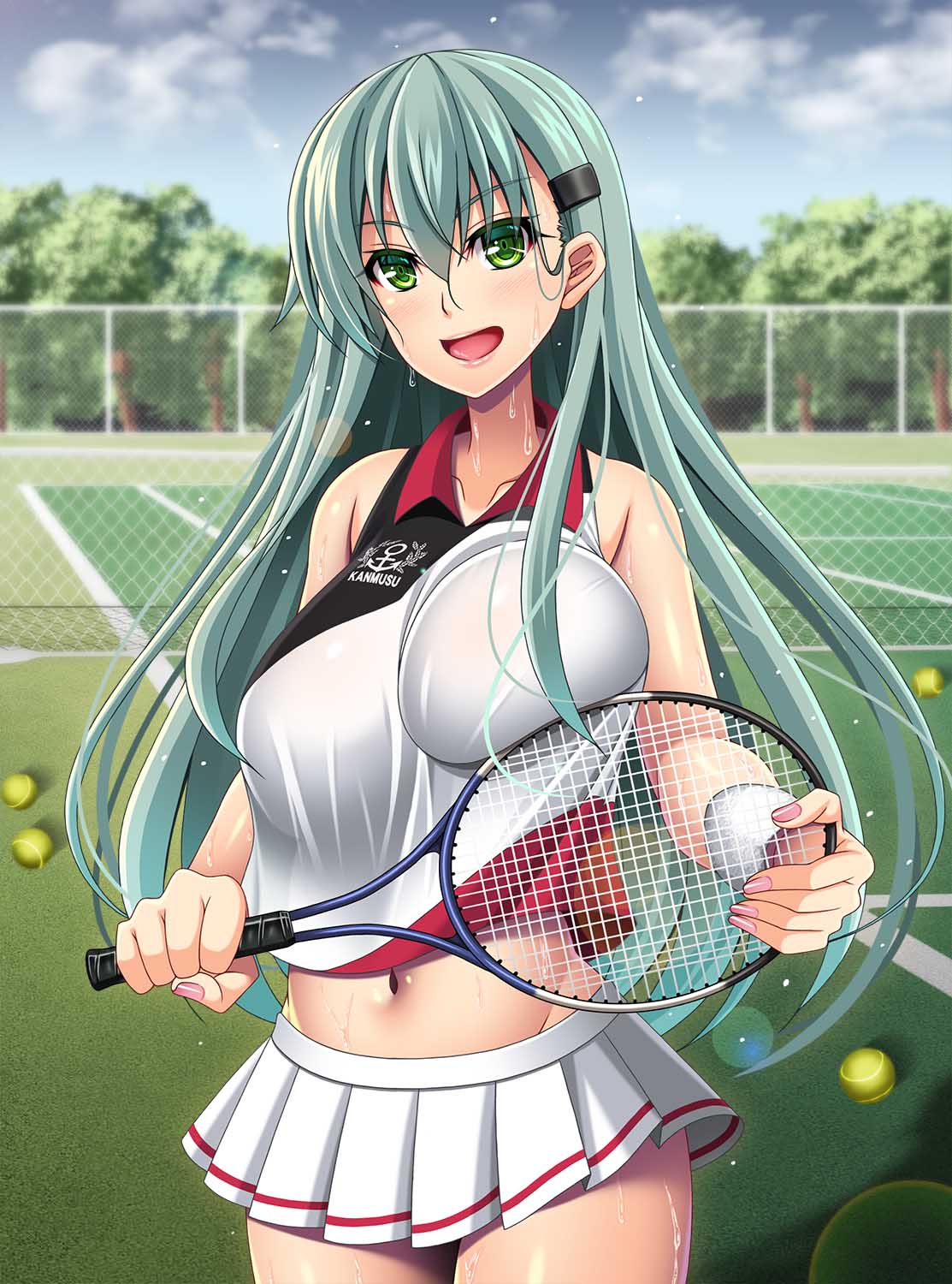 1girl alternate_costume aqua_eyes aqua_hair ball breasts chain-link_fence crop_top eyebrows_visible_through_hair fence hair_between_eyes hair_ornament hairclip highres holding holding_racket kantai_collection large_breasts long_hair mirisha navel open_mouth pleated_skirt racket skirt solo sportswear suzuya_(kancolle) sweat tennis tennis_ball tennis_net tennis_racket tennis_uniform tree two-tone_shirt two-tone_skirt