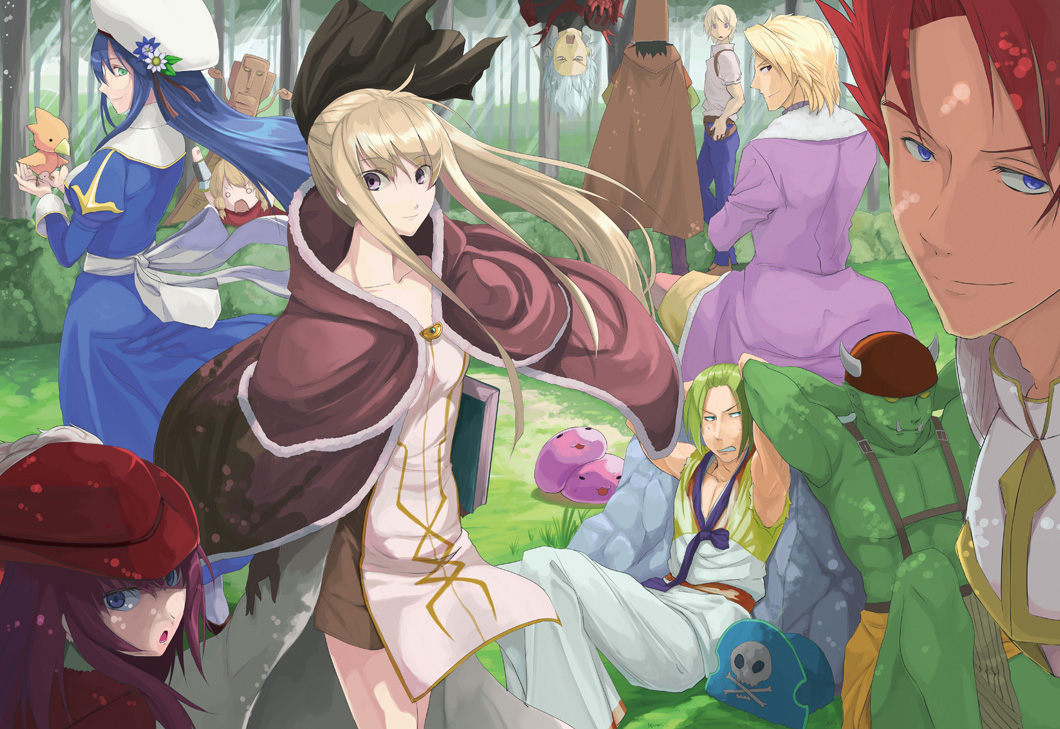 4girls 6+boys :3 animal armor armpits arms_up backpack bag bag_on_head bangs bard_(ragnarok_online) belt bird black_bow black_hair blacksmith_(ragnarok_online) blonde_hair blue_eyes blue_flower blue_hair blue_pants book bow breastplate brown_belt brown_cape brown_capelet brown_dress brown_footwear brown_gloves brown_shirt cape chick clenched_teeth clip_studio_paint_(medium) closed_mouth coat commentary_request cover cover_page cowboy_shot cross day dougi doujin_cover dress eyebrows_visible_through_hair flower forest fur-trimmed_cape fur-trimmed_jacket fur_trim gauntlets gloves greatest_general_(ragnarok_online) green_hair green_shirt grey_eyes guillotine_cross_(ragnarok_online) hair_between_eyes hair_bow hat hat_flower high_heels high_priest_(ragnarok_online) high_wizard_(ragnarok_online) holding holding_animal holding_bird holding_book horned_headwear hunter_(ragnarok_online) jacket juliet_sleeves korean_clothes long_hair long_sleeves looking_at_another looking_at_viewer looking_back looking_to_the_side lord_knight_(ragnarok_online) monster multiple_boys multiple_girls nature nueco o_o open_mouth orc orc_(ragnarok_online) outdoors pants parted_bangs picky_(ragnarok_online) ponytail poring pouch puffy_sleeves purple_coat purple_hair purple_pants ragnarok_online ranger_(ragnarok_online) reclining red_armor red_headwear red_jacket red_scarf redhead rock rogue_(ragnarok_online) sash scarf shirt shoes short_dress short_hair short_over_long_sleeves short_sleeves shorts sidelocks sleeveless sleeveless_shirt slime_(creature) smile strapless strapless_dress suspenders taekwon_(ragnarok_online) teeth thigh-highs totem tree two-tone_dress upside-down violet_eyes white_bow white_dress white_flower white_hair white_headwear white_legwear white_pants white_sash white_shirt yellow_shorts