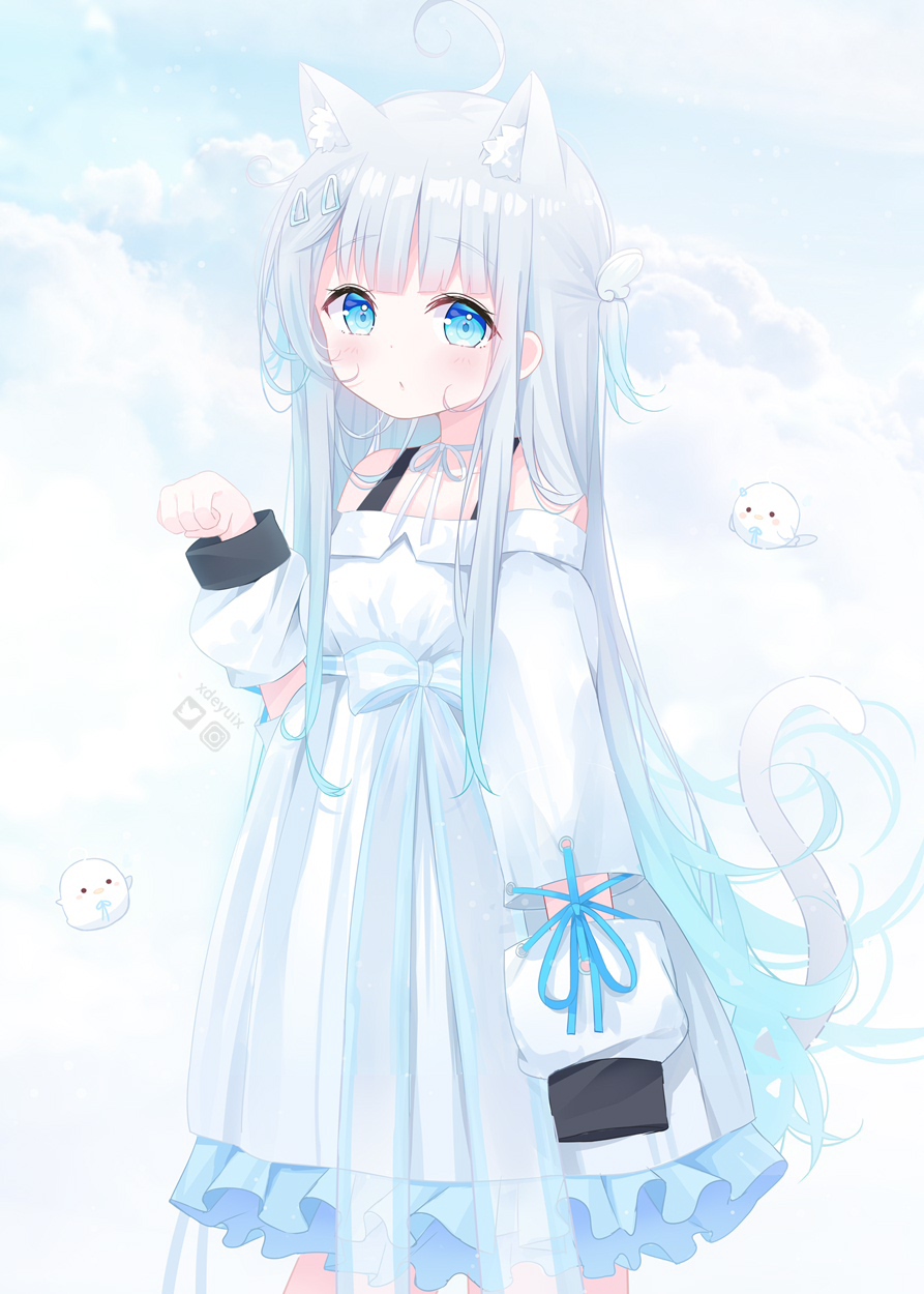 1girl ahoge amatsuka_uto animal_ear_fluff animal_ears bangs blue_eyes blue_hair blue_sky blush bow breasts cat_ears cat_girl cat_tail closed_mouth clouds cloudy_sky commentary_request day deyui dress eyebrows_visible_through_hair frilled_dress frills gradient_hair hand_up highres indie_virtual_youtuber long_hair long_sleeves looking_at_viewer multicolored_hair off-shoulder_dress off_shoulder outdoors paw_pose puffy_long_sleeves puffy_sleeves silver_hair sky sleeves_past_fingers sleeves_past_wrists small_breasts solo tail two_side_up very_long_hair virtual_youtuber white_bow white_dress wing_hair_ornament