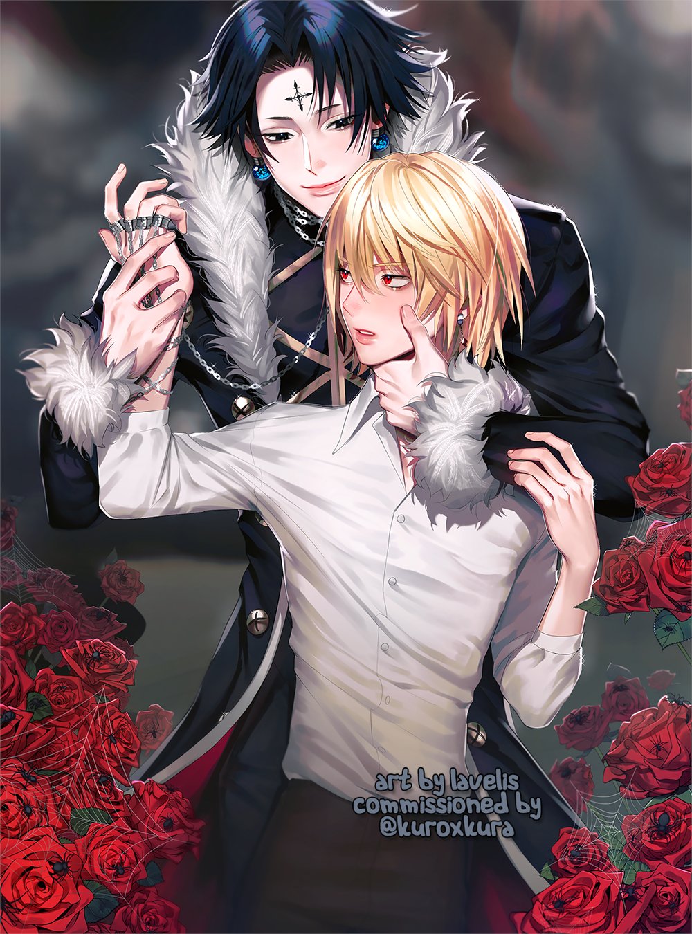 2boys black_hair black_jacket bug chain chrollo_lucilfer closed_mouth commentary commission cross earrings english_commentary fingernails flower forehead_tattoo hands_up height_difference highres hunter_x_hunter jacket jewelry kurapika lavelis long_sleeves male_focus multiple_boys multiple_rings parted_lips red_eyes red_flower red_rose rose shirt silk smile spider spider_web twitter_username white_shirt