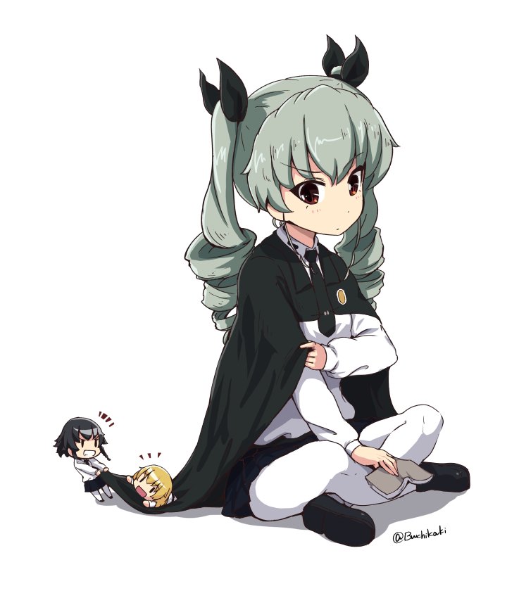 anchovy_(girls_und_panzer) anzio_school_uniform bangs black_cape black_footwear black_hair black_neckwear black_ribbon black_skirt blonde_hair book buchikaki cape cape_grab chibi closed_mouth commentary dress_shirt drill_hair emblem eyebrows_visible_through_hair frown girls_und_panzer green_hair grin hair_ribbon holding holding_book indian_style long_hair long_sleeves looking_at_another minigirl miniskirt necktie notice_lines open_mouth pantyhose pleated_skirt red_eyes ribbon school_uniform shadow shirt shoes simple_background sitting skirt smile twin_drills twintails twitter_username white_background white_legwear white_shirt wing_collar