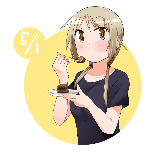 1girl bangs black_shirt blonde_hair blush brown_eyes cake cake_slice casual circle closed_mouth collarbone commentary_request dated eyebrows_visible_through_hair food fork hands_up holding holding_fork holding_plate ichii_yui katatsuka_kouji long_hair looking_at_viewer low_twintails plate round_image shirt short_sleeves solo twintails upper_body white_background yuyushiki