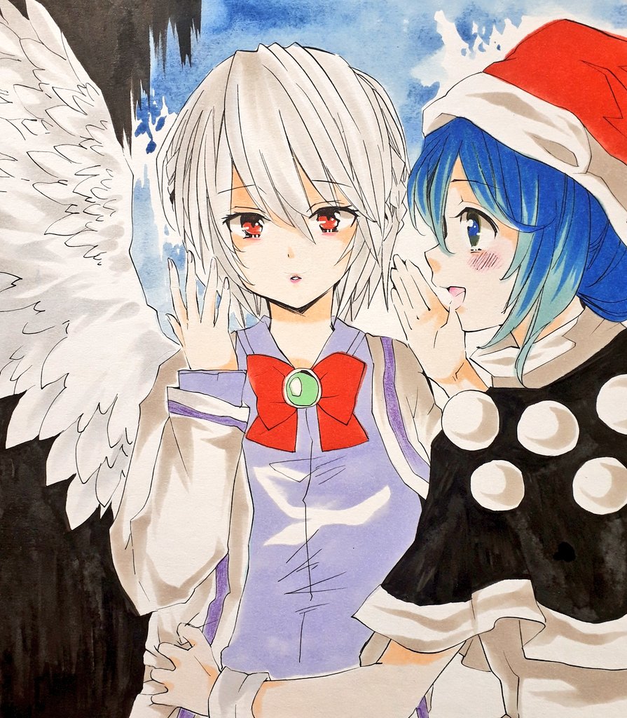 2girls :d angel_wings bangs beige_jacket black_capelet blue_eyes blue_hair blush bow bowtie braid brooch capelet commentary_request doremy_sweet dress eyebrows_visible_through_hair french_braid hair_between_eyes hand_up jewelry kishin_sagume lips looking_at_another looking_at_viewer marker_(medium) matsuppoi multiple_girls open_mouth parted_lips pom_pom_(clothes) profile purple_dress red_bow red_eyes red_neckwear short_hair silver_hair simple_background single_wing smile touhou traditional_media upper_body white_dress wings wrist_cuffs