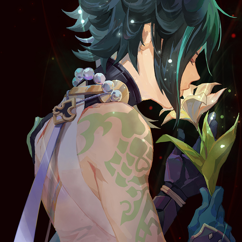 1boy arm_guards arm_tattoo armor asymmetrical_clothes bangs bead_necklace beads black_background black_gloves black_hair closed_eyes closed_mouth commentary_request flower from_behind genshin_impact gloves green_gloves green_hair holding holding_flower jewelry light_particles male_focus multicolored_hair necklace parted_bangs rokuyo221 short_hair_with_long_locks shoulder_pads simple_background single_bare_shoulder solo tattoo two-tone_hair white_flower xiao_(genshin_impact)