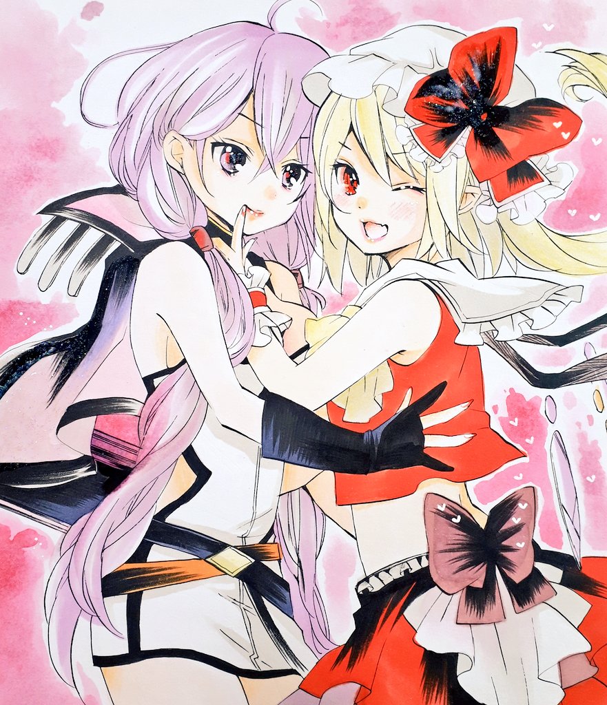 2girls ;d ascot back_bow bangs bare_shoulders black_gloves blonde_hair bow character_request closed_mouth commentary_request cowboy_shot dress elbow_gloves eyebrows_visible_through_hair fang finger_to_another's_mouth flandre_scarlet frills from_side gloves hair_between_eyes hat hat_bow light_blush lips long_hair looking_at_viewer low_twintails marker_(medium) matsuppoi medium_hair midriff mob_cap multiple_girls nail_polish one_eye_closed one_side_up open_mouth pink_background purple_hair red_bow red_eyes red_nails red_skirt red_vest simple_background skin_fang skirt smile touhou traditional_media twintails very_long_hair vest violet_eyes white_dress white_headwear wrist_cuffs yellow_neckwear yuri