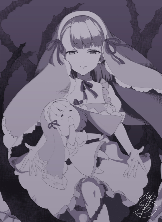 1girl bangs blunt_bangs briar_rose_(sinoalice) closed_mouth doll dress expressionless eyebrows_visible_through_hair hinata_mizuiro looking_at_viewer monochrome puffy_short_sleeves puffy_sleeves purple_hair ribbon short_sleeves signature sinoalice solo thorns veil violet_eyes yawning