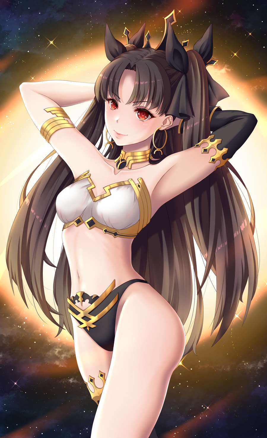 1girl armpits arms_up asymmetrical_sleeves bangs bikini black_ribbon breasts brown_hair crown detached_collar detached_sleeves earrings fate/grand_order fate_(series) hair_ribbon highres ishtar_(fate) ishtar_(fate)_(all) jewelry long_hair looking_at_viewer medium_breasts navel parted_bangs red_eyes ribbon rinko_riban single_detached_sleeve single_sleeve solo standing strapless strapless_bikini swimsuit two_side_up