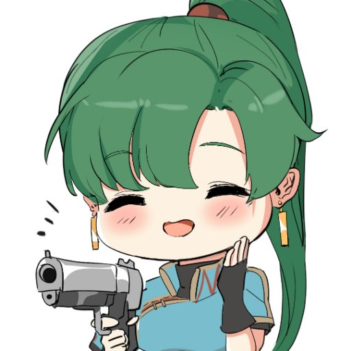 blush_stickers closed_eyes earrings fingerless_gloves fire_emblem fire_emblem:_the_blazing_blade gloves green_hair gun hand_on_own_cheek hand_on_own_face jewelry laughing lyn_(fire_emblem) ormille ponytail smile weapon