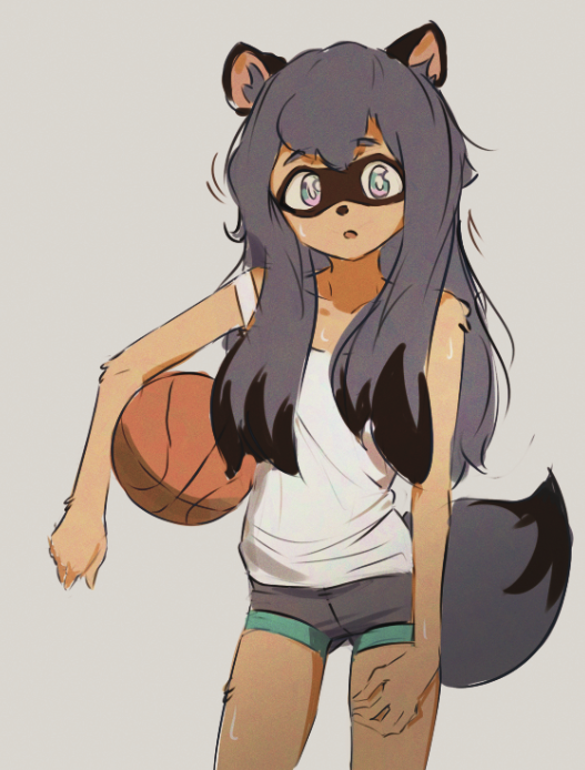 1girl alternate_hair_length alternate_hairstyle animal_ears ball basketball blue_eyes blue_hair blue_shorts brand_new_animal butterchalk furry grey_background holding holding_ball kagemori_michiru long_hair looking_at_viewer raccoon_ears raccoon_girl raccoon_tail shorts simple_background solo sweat tail