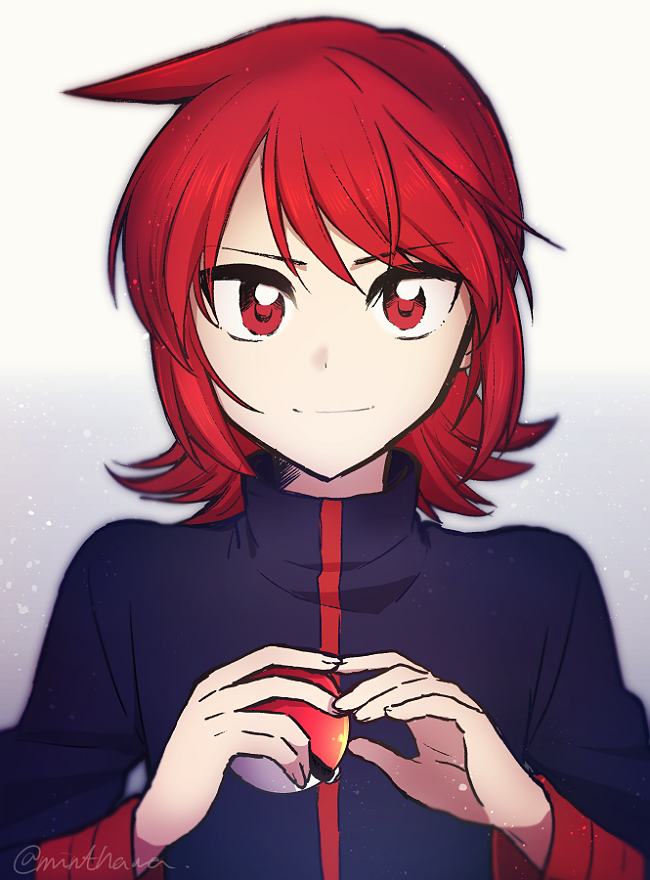 1boy ahoge closed_mouth gensi holding holding_poke_ball jacket looking_at_viewer poke_ball pokemon pokemon_(game) pokemon_hgss red_eyes redhead short_hair sidelocks signature silver_(pokemon) simple_background smile solo