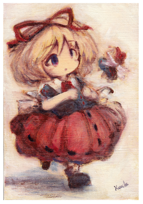 1girl bangs beige_background black_shirt blonde_hair blue_eyes border bubble_skirt commentary_request eyebrows_visible_through_hair feet_out_of_frame kouba medicine_melancholy open_mouth puffy_short_sleeves puffy_sleeves red_neckwear red_ribbon red_skirt ribbon shadow shirt short_hair short_sleeves signature skirt su-san touhou traditional_media white_border