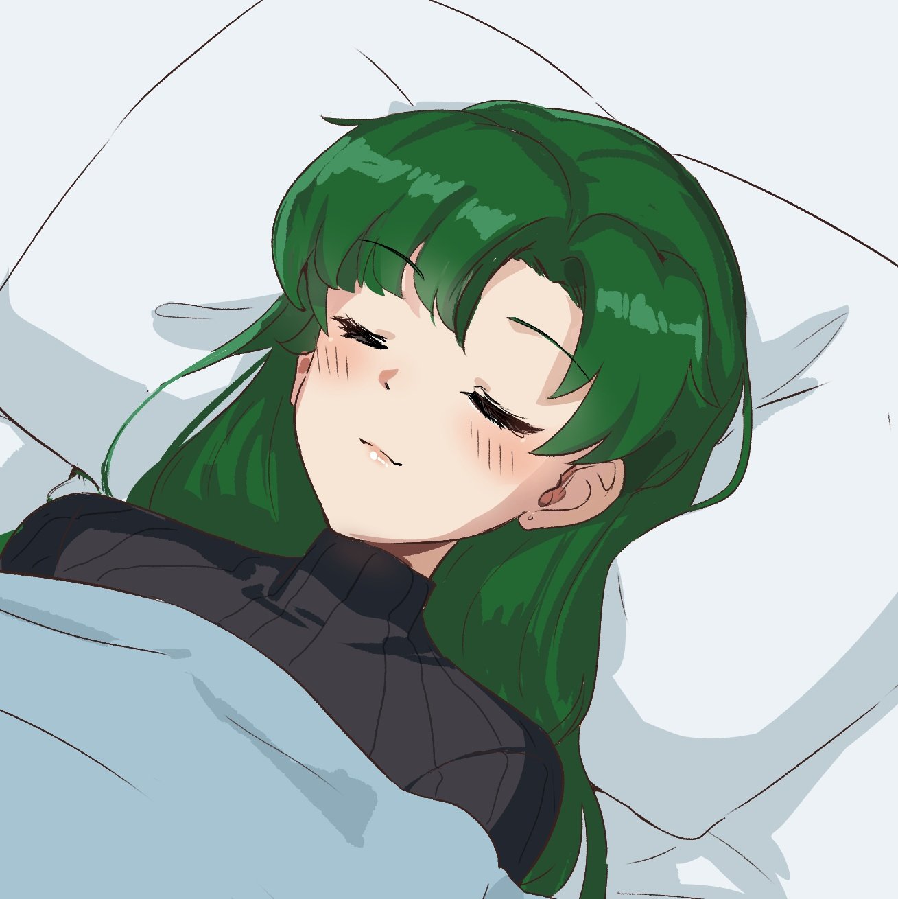 1girl bed closed_eyes cute ear_piercing fire_emblem fire_emblem:_rekka_no_ken fire_emblem:_the_blazing_blade fire_emblem_7 green_hair highres intelligent_systems lyn_(fire_emblem) lyndis_(fire_emblem) moe nintendo ormille piercing pillow sleeping solo super_smash_bros. sweater turtleneck turtleneck_sweater under_covers