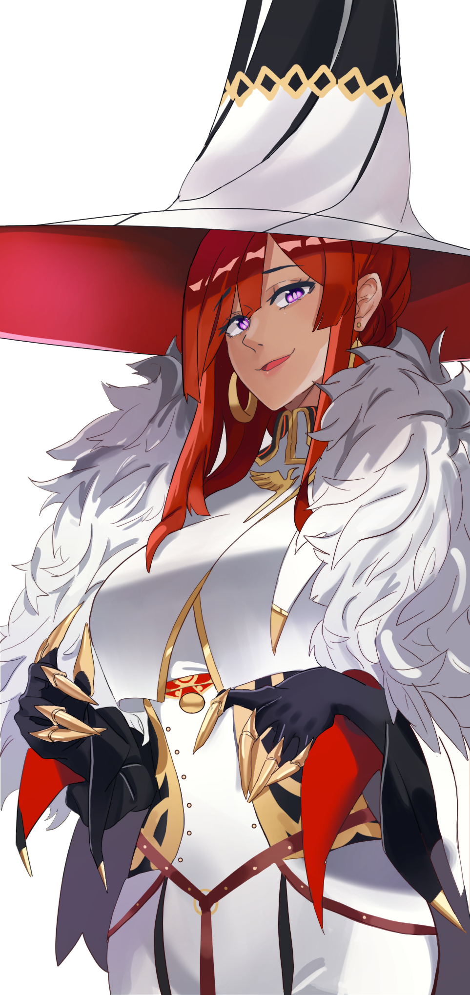 1girl bangs blush breasts claws dress earrings fate/grand_order fate_(series) feather_boa hat highres jewelry large_breasts long_hair long_sleeves looking_at_viewer miss_crane_(fate) neige_(pixiv6850453) open_mouth puffy_sleeves redhead smile violet_eyes white_dress white_headwear witch_hat