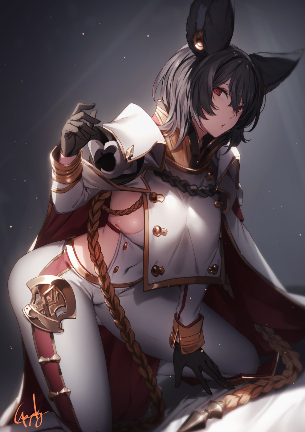 1girl aiguillette animal_ears bangs black_gloves black_hair breasts cape commentary_request covered_navel erune foot_out_of_frame genyaky gloves granblue_fantasy hair_between_eyes highres ilsa_(granblue_fantasy) long_sleeves looking_at_viewer military military_uniform pants parted_lips red_eyes short_hair sideboob signature solo uniform white_cape white_pants
