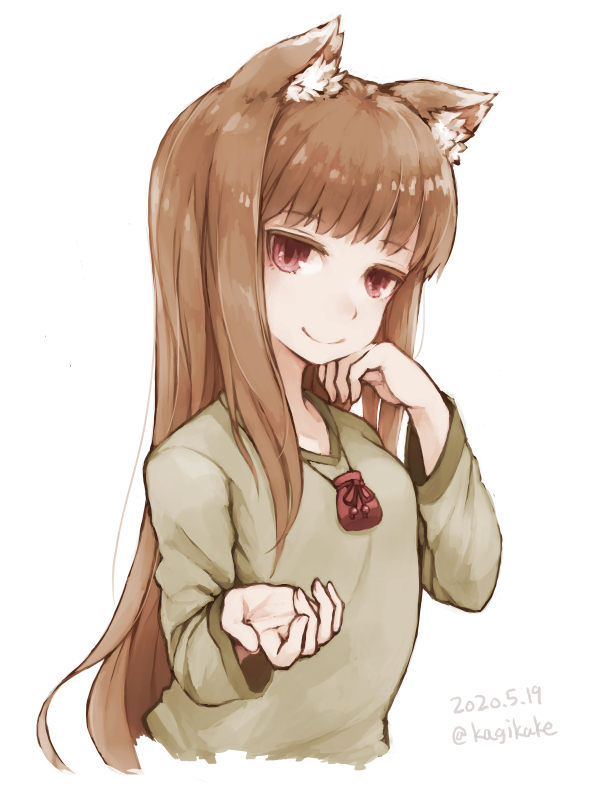 1girl animal_ear_fluff animal_ears breasts brown_hair closed_mouth commentary_request cropped_torso dated disconnected_mouth eyebrows_visible_through_hair green_shirt hand_on_own_face hands_up holo kagikake long_hair long_sleeves looking_at_viewer open_hand pouch red_eyes shiny shiny_hair shirt simple_background small_breasts smile solo spice_and_wolf twitter_username upper_body white_background wolf_ears