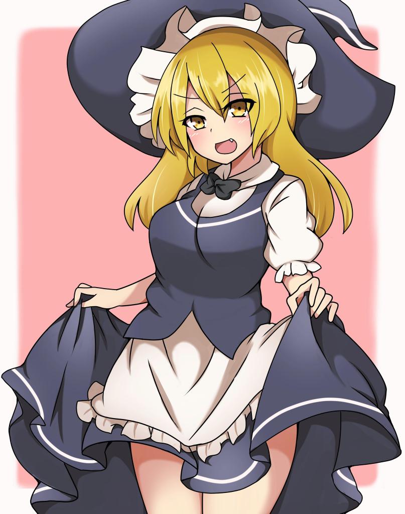 1girl apron black_neckwear black_skirt black_vest blonde_hair commentary_request frilled_apron frilled_hat frills hat kirisame_marisa pink_background puffy_short_sleeves puffy_sleeves shirt short_sleeves skirt skirt_set suwaneko touhou vest waist_apron white_shirt witch_hat yellow_eyes
