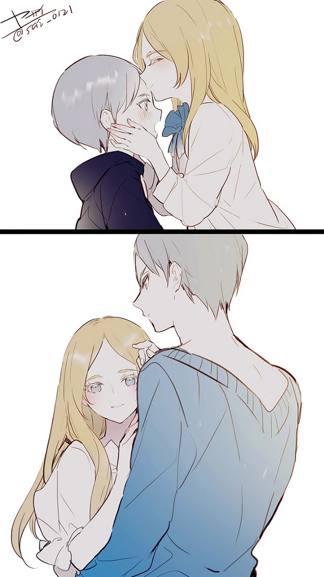 1boy 1girl back blonde_hair blue_eyes blue_hoodie blue_sweater blush brother_and_sister child forehead_kiss from_side grey_hair haiba_arisa haiba_lev haikyuu!! hood hoodie kiss long_hair long_sleeves looking_at_viewer multiple_views panels shirt short_hair siblings simple_background sweater upper_body white_background white_shirt yasai_(getsu) younger