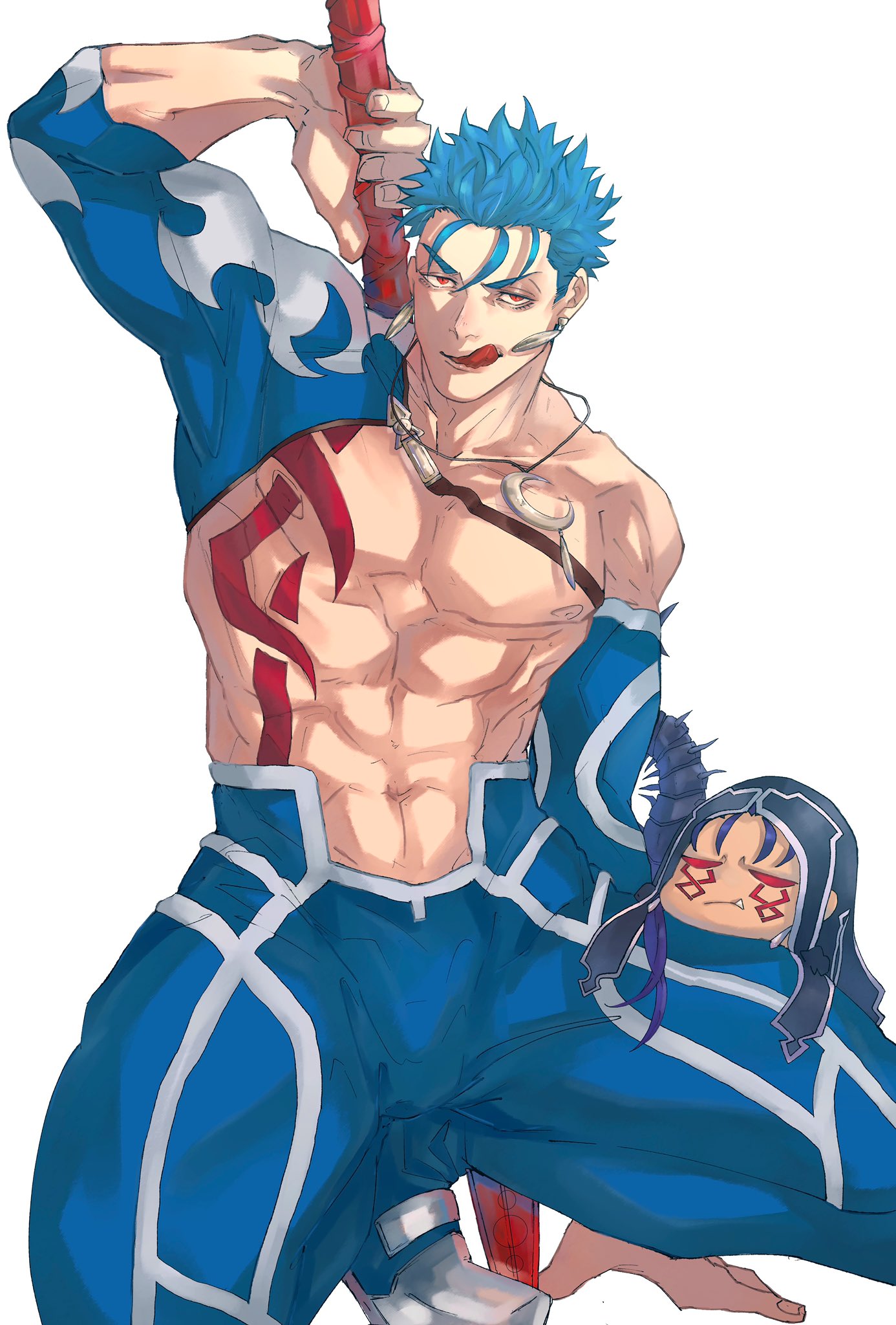 1boy 1other abs blue_hair bodypaint bulge chibi collarbone crescent_necklace cu_chulainn_(fate)_(all) cu_chulainn_(fate/stay_night) detached_sleeves earrings fate/grand_order fate_(series) gae_bolg_(fate) grin highres holding holding_polearm holding_weapon jewelry licking_lips looking_at_viewer male_focus mini_cu-chan_(fate) moyashi_sousaku muscular muscular_male navel necklace nipples open_mouth pants pectorals polearm polearm_behind_back red_eyes short_hair simple_background skin_tight sleeveless slit_pupils smile spiky_hair squatting tongue tongue_out weapon