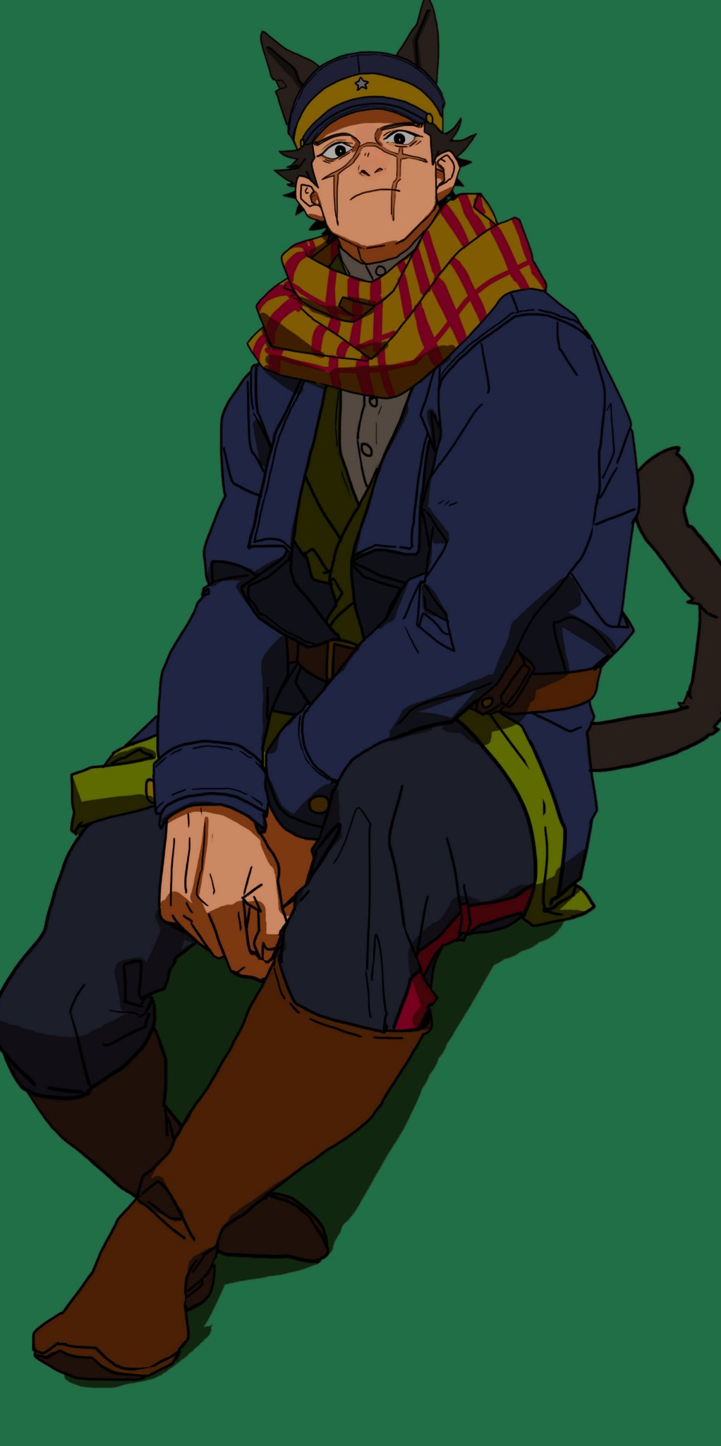1boy animal_ears black_eyes boots brown_footwear brown_hair cat_ears cat_tail golden_kamuy hat highres hinna_hinna_hin looking_at_viewer military military_hat military_uniform scar scar_on_face scar_on_mouth scar_on_nose scarf sitting solo sugimoto_saichi tail uniform