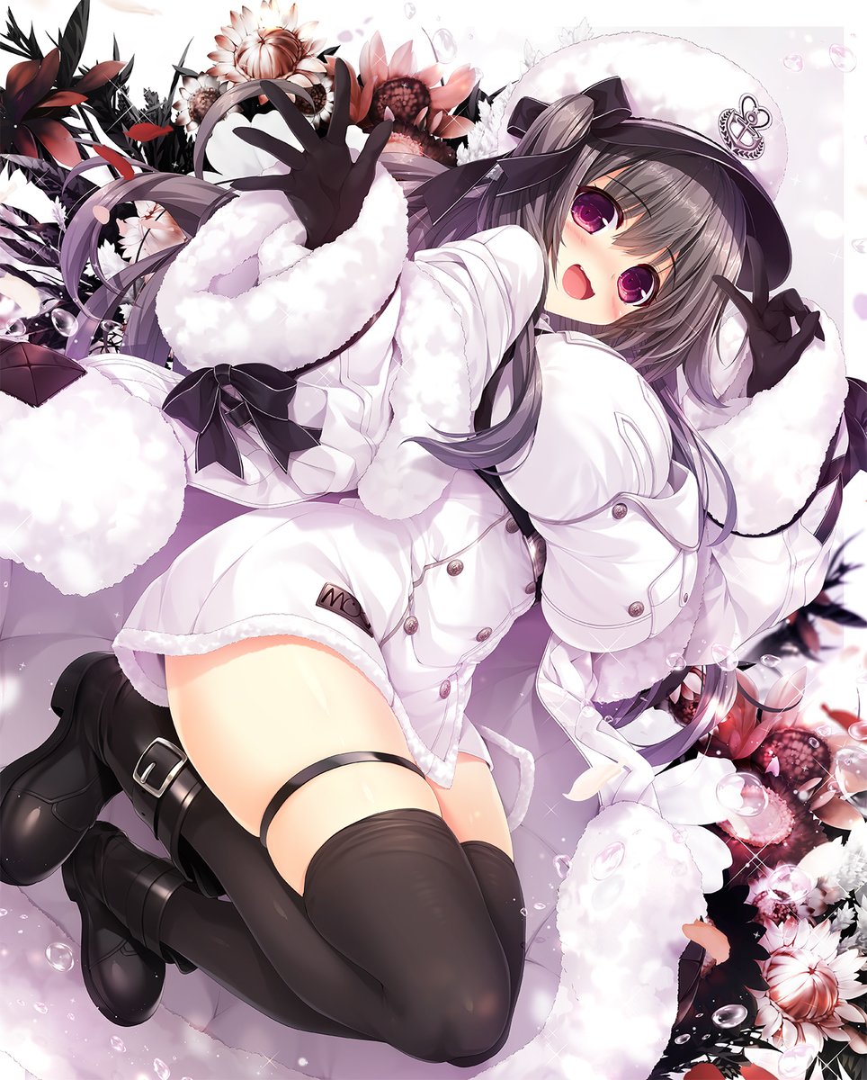 1girl ankle_boots azur_lane black_gloves black_legwear blush boots breasts coat eyebrows_visible_through_hair flower full_body fur-trimmed_coat fur-trimmed_sleeves fur_trim glint gloves grey_hair hair_ribbon hat highres large_breasts long_hair looking_at_viewer one_side_up open_mouth oshiki_hitoshi padded_coat pamiat_merkuria_(azur_lane) ribbon russian_clothes skindentation solo thigh-highs thigh_strap v violet_eyes water_drop
