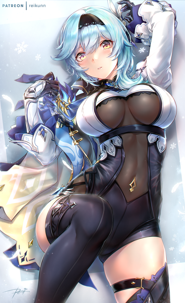 1girl arm_guards bangs black_gloves black_hairband black_legwear black_leotard blue_cape blue_hair blue_neckwear blush breasts cape covered_navel eula_(genshin_impact) genshin_impact gloves hair_ornament hairband large_breasts leotard looking_at_viewer medium_hair rei_kun thigh-highs thighs underbust violet_eyes vision_(genshin_impact)