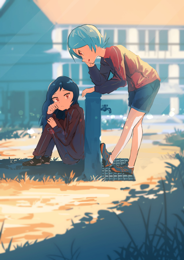 2girls blue_hair crying from_side inami_hatoko jacket knees_up lens_flare long_hair multiple_girls original outdoors red_eyes shoes short_hair shorts sitting sneakers tears track_jacket track_suit white_hair wiping_tears