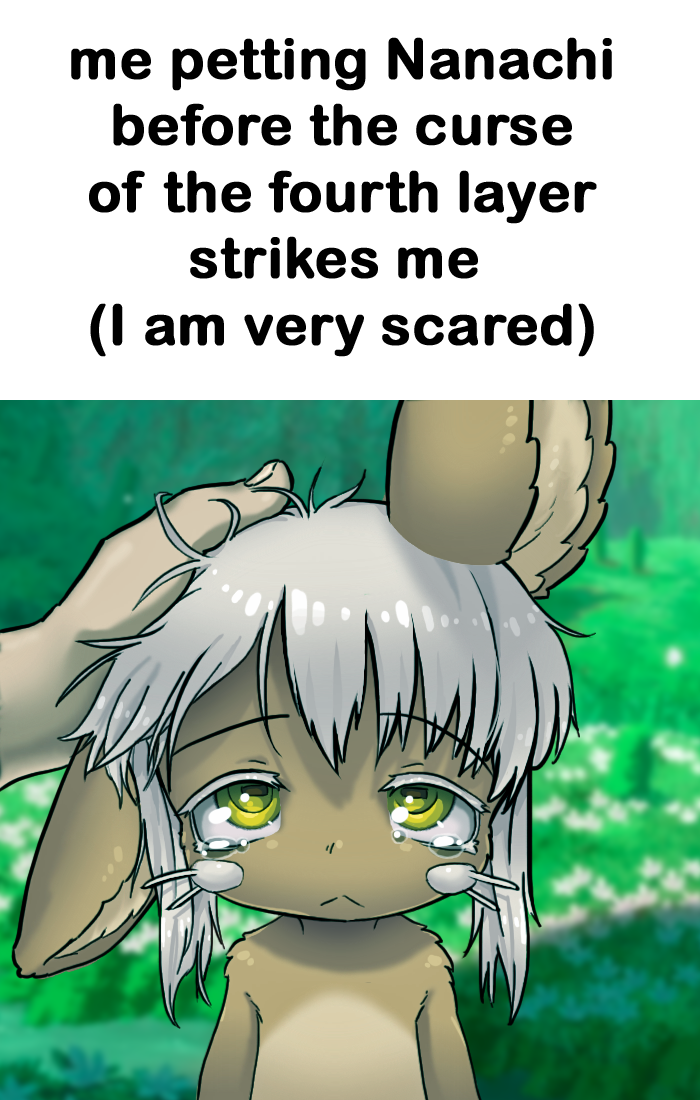 1other :&lt; ambiguous_gender bune_poster closed_mouth commentary english_commentary english_text eyebrows_visible_through_hair furry green_eyes headpat horizontal_pupils looking_at_viewer made_in_abyss medium_hair meme nanachi_(made_in_abyss) pov shiny shiny_hair tearing_up upper_body whiskers white_hair