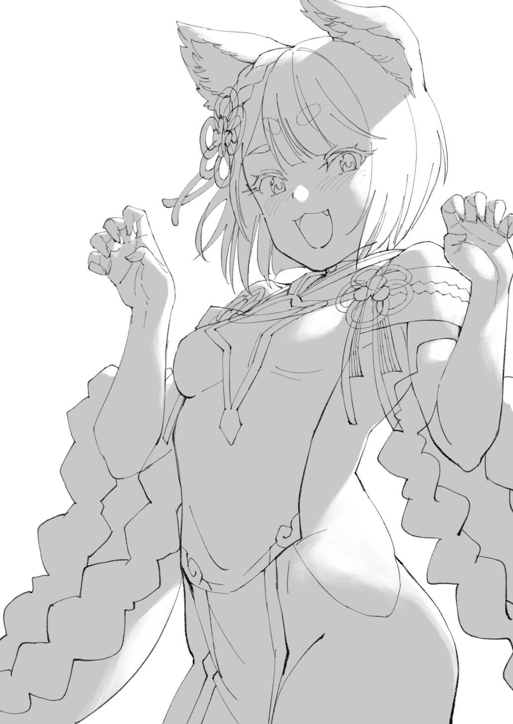 1girl animal_ears bangs breasts claw_pose dog_ears dog_girl erune granblue_fantasy highres looking_at_viewer medium_breasts monochrome okita_ababa open_mouth rope short_hair sideless_outfit simple_background sketch smile solo vajra_(granblue_fantasy) white_background