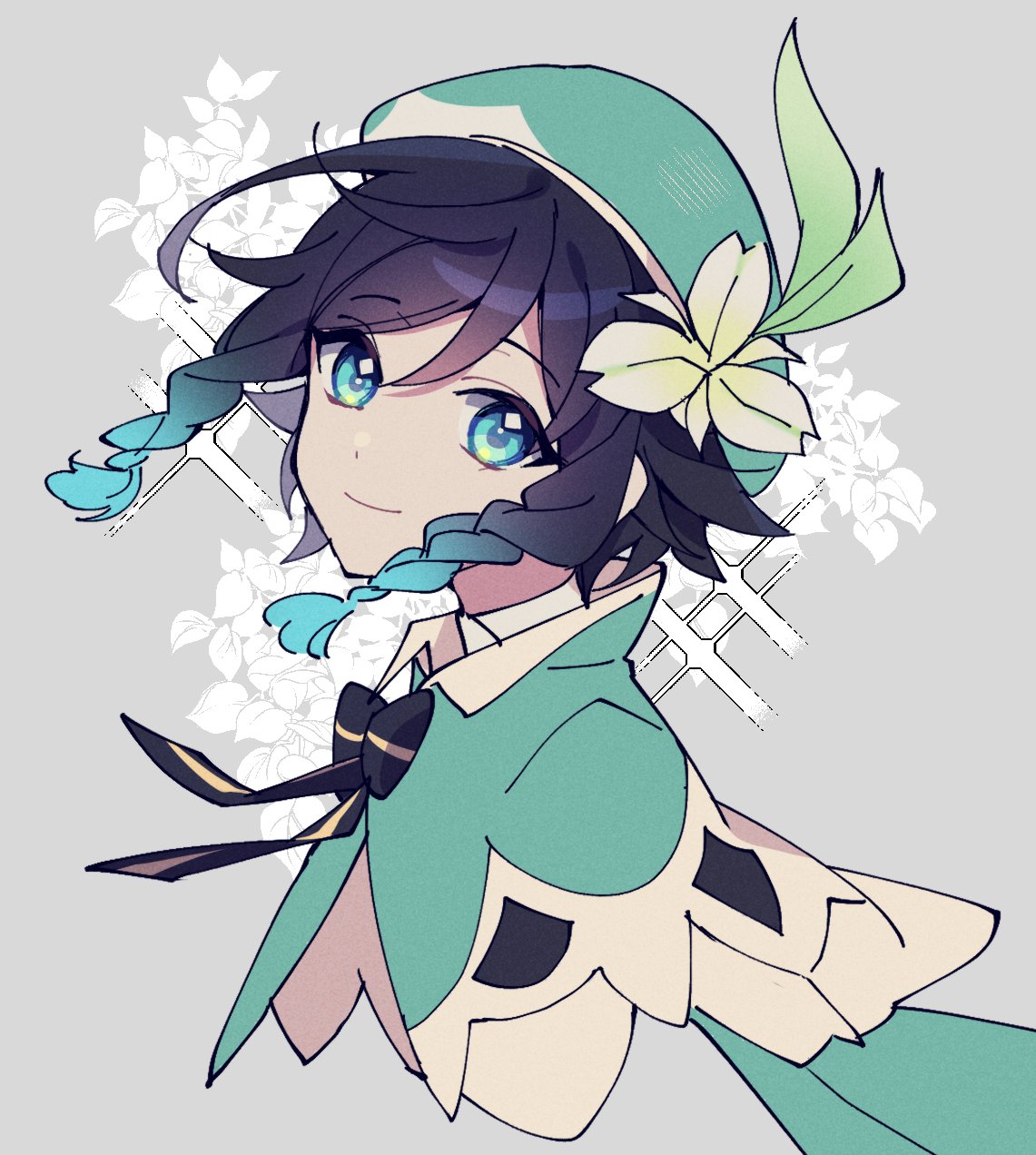 1boy amefurin androgynous bangs beret black_hair blue_eyes blue_hair bow braid cape closed_mouth collared_cape eyebrows_visible_through_hair floral_background flower from_side genshin_impact gradient_hair green_headwear grey_background hair_flower hair_ornament hat highres leaf looking_at_viewer male_focus multicolored_hair short_hair_with_long_locks simple_background smile solo sparkle_background symbol_commentary twin_braids venti_(genshin_impact) white_flower