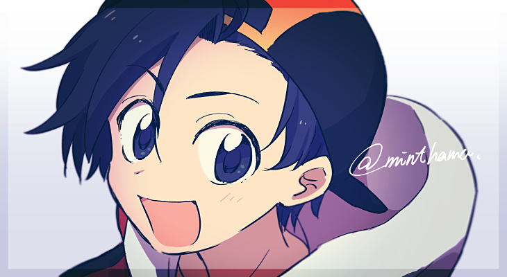 1boy backwards_hat blue_eyes blue_hair blush border ethan_(pokemon) gensi happy hat jacket looking_at_viewer male_focus open_mouth pokemon pokemon_(game) pokemon_hgss short_hair signature solo