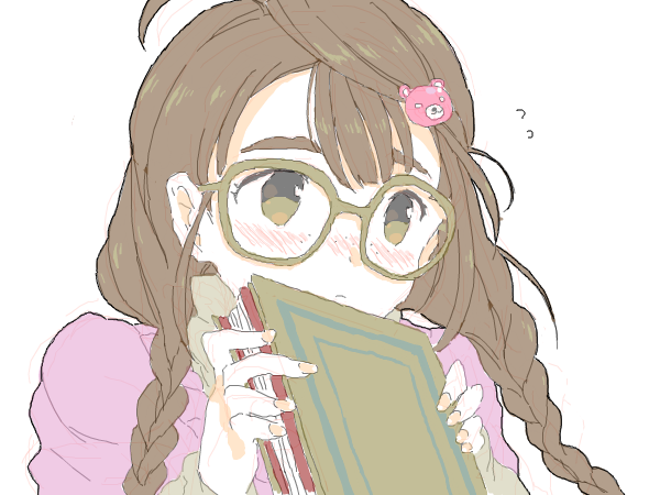 1girl ahoge archived_source bangs bear_hair_ornament blunt_bangs blush book braid brown-framed_eyewear brown_eyes close-up closed_mouth drawr eyebrows fingernails flying_sweatdrops freckles from_side glasses hair_ornament hairclip hands_up hashiko_(pecopom) holding holding_book idolmaster idolmaster_cinderella_girls jimiko long_hair looking_at_viewer low_twintails nose_blush oekaki okuyama_saori portrait shy simple_background sketch solo tareme thick_eyebrows twin_braids twintails white_background