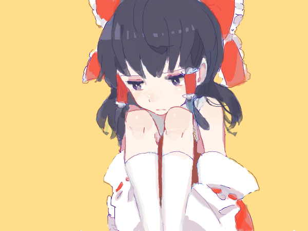 1girl archived_source bangs bare_shoulders black_eyes black_hair bow closed_mouth detached_sleeves drawr feet_out_of_frame frilled_bow frilled_hair_tubes frills frown hair_bow hair_tubes hakurei_reimu hayakawa kneehighs knees_up large_bow leg_hug legs_together long_hair long_sleeves looking_away looking_down negative_space oekaki orange_background red_bow red_ribbon ribbon ribbon-trimmed_sleeves ribbon_trim sad sidelocks simple_background sitting solo touhou white_legwear wide_sleeves