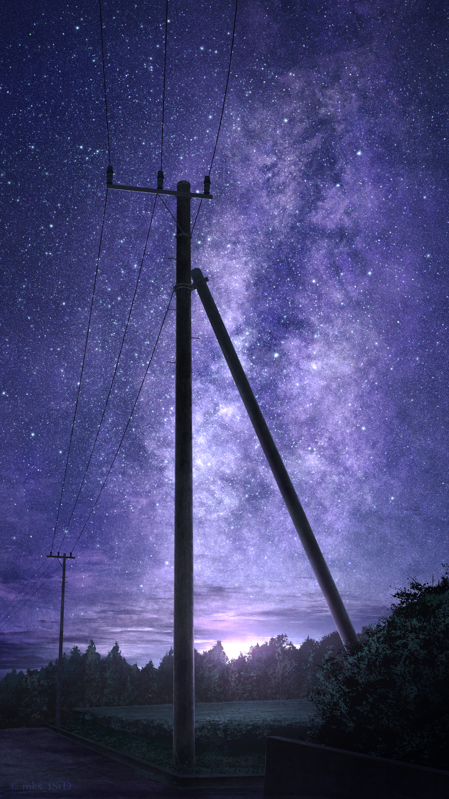 bush highres milky_way mks night night_sky no_humans original outdoors power_lines purple_sky scenery signature sky star_(sky) starry_sky utility_pole