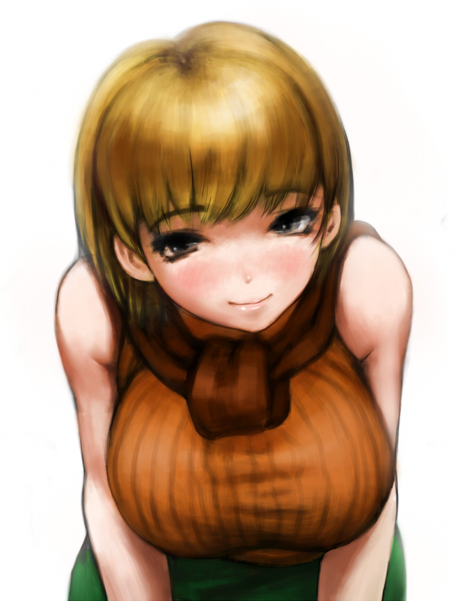 1girl ashley_graham blonde_hair bob_cut breasts closed_mouth large_breasts looking_at_viewer orange_shirt resident_evil resident_evil_4 ribbed_sweater sgk shirt short_hair simple_background sleeveless sleeveless_turtleneck smile solo sweater turtleneck turtleneck_sweater white_background