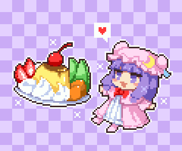 1girl bangs blunt_bangs bow bowtie checkered checkered_background cherry crescent crescent_pin dress food fruit full_body happy_birthday hat heart kumamoto_(bbtonhk2) long_hair lowres mob_cap open_mouth orange_(food) patchouli_knowledge pink_dress pink_footwear pink_headwear pixel_art plate purple_background purple_hair red_bow red_neckwear sidelocks solo speech_bubble spoken_heart star_(symbol) strawberry symbol_commentary touhou violet_eyes