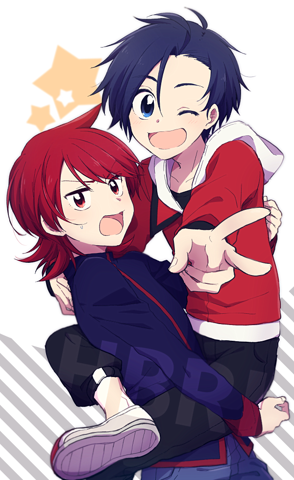 2boys ahoge angry blue_eyes blue_hair blush carrying english_text ethan_(pokemon) gensi happy high_collar jacket looking_at_viewer male_focus multiple_boys open_mouth pokemon pokemon_(game) pokemon_hgss red_eyes redhead short_hair sidelocks silver_(pokemon) simple_background star_(symbol) striped sweatdrop v