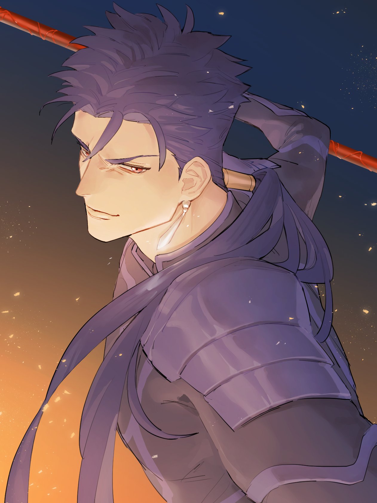 1boy armor beads blue_hair closed_mouth cu_chulainn_(fate)_(all) cu_chulainn_(fate/stay_night) dareka_25 earrings fate/stay_night fate_(series) floating_hair gae_bolg_(fate) grin hair_beads hair_ornament highres holding holding_polearm holding_weapon jewelry long_hair looking_at_viewer male_focus muscular muscular_male pauldrons polearm ponytail red_eyes shoulder_armor skin_tight slit_pupils smile solo spiky_hair weapon