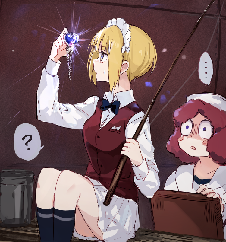 ... 2girls ? bangs bartender black_legwear black_neckwear blonde_hair blouse blunt_bangs blush_stickers bob_cut bow bowtie brown_vest bucket constricted_pupils crossover curly_hair cutlass_(girls_und_panzer) diamond_(gemstone) dixie_cup_hat dress_shirt eyebrows_visible_through_hair fishing_rod frown girls_und_panzer gloom_(expression) hat holding holding_fishing_rod holding_jewelry jewelry long_hair long_sleeves looking_at_another looking_to_the_side military_hat miniskirt multiple_girls necklace ooarai_naval_school_uniform open_mouth pleated_skirt redhead rum_(girls_und_panzer) sailor_collar school_uniform shirt short_hair single_horizontal_stripe sitting skirt socks spoken_ellipsis spoken_question_mark sweatdrop symbol_commentary titanic vest white_blouse white_headwear white_shirt white_skirt wide-eyed wing_collar yellow_eyes yuuyu_(777)