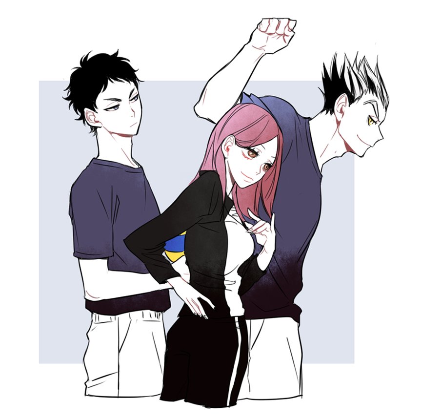 1girl 2boys akaashi_keiji arm_up ball black_hair blue_eyes blue_shirt bokuto_koutarou brown_eyes brown_hair clenched_hand cowboy_shot cropped_legs eyebrows eyelashes frown grey_hair haikyuu!! holding holding_ball jacket l0v3_drop long_sleeves looking_at_another looking_to_the_side multicolored_hair multiple_boys pants shirofuku_yukie shirt short_hair smile track_jacket track_pants track_suit two-tone_background two-tone_hair white_pants yellow_eyes
