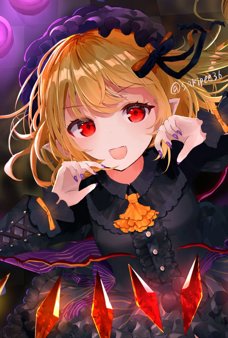 1girl :d alternate_costume artist_name bangs black_dress blonde_hair blush breasts center_frills checkered checkered_floor cravat cross-laced_clothes crystal dark_background dress dutch_angle eyebrows_visible_through_hair fangs flandre_scarlet frills gao hands_up hat long_sleeves medium_hair mob_cap nail_polish one_side_up open_mouth pointy_ears purple_headwear purple_nails red_eyes sakizaki_saki-p small_breasts smile solo touhou upper_body wings yellow_neckwear