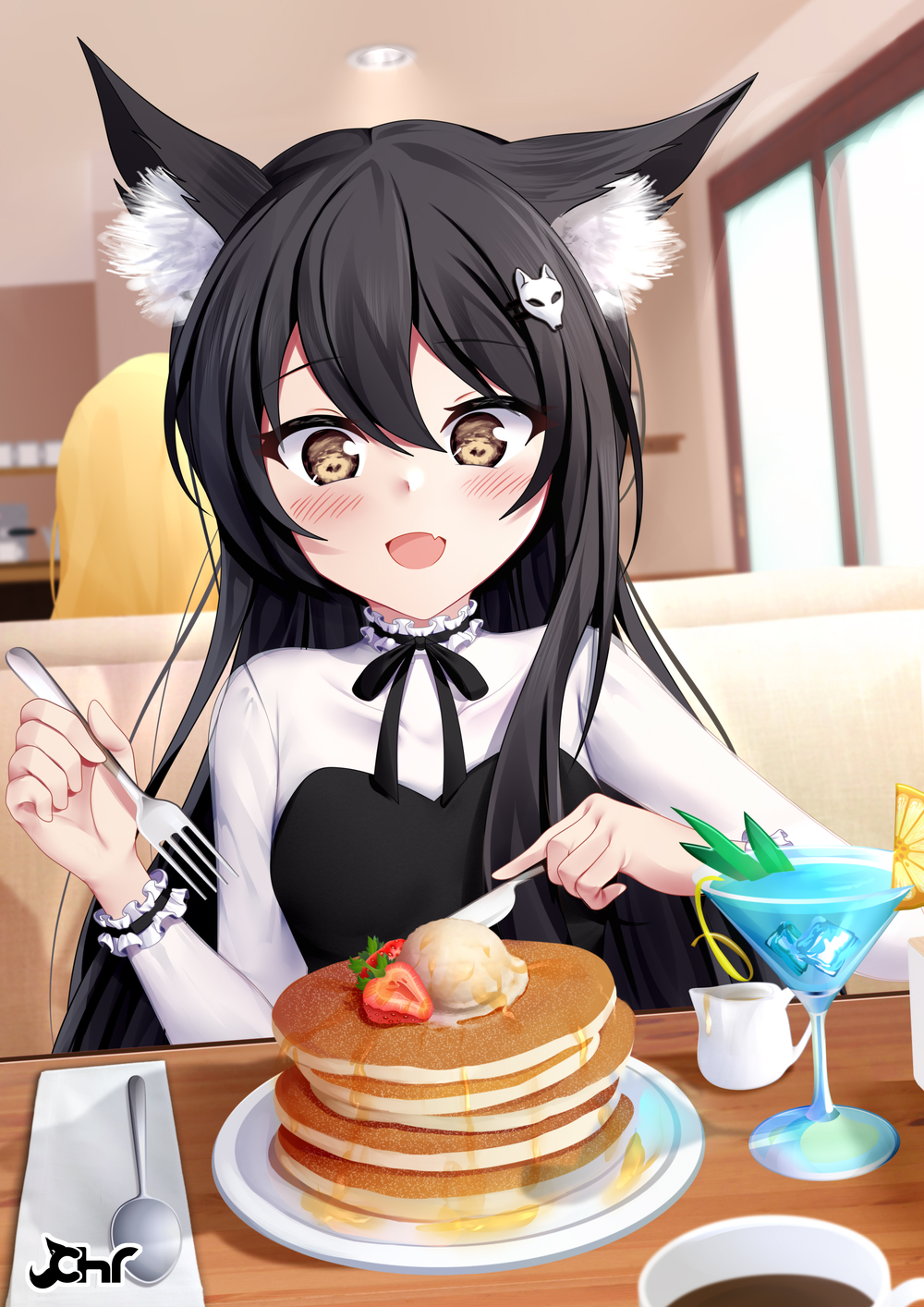 2girls :d animal_ear_fluff animal_ears bangs black_dress black_hair blonde_hair blush brown_eyes chrisandita commentary cup day dress drink drinking_glass english_commentary eyebrows_visible_through_hair fang food fork fox_ears fox_hair_ornament fruit hair_between_eyes highres holding holding_fork holding_knife indoors knife long_hair long_sleeves multiple_girls open_mouth original pancake shirt smile solo_focus spoon stack_of_pancakes strawberry sunlight white_shirt window