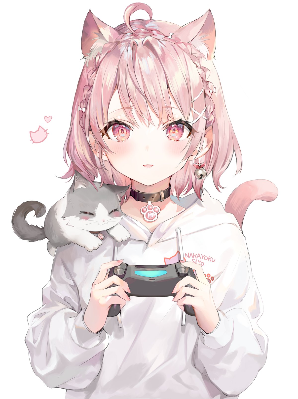 1girl ahoge animal_ear_fluff animal_ears animal_on_shoulder bangs black_choker blush braid cat cat_ears cat_girl cat_on_shoulder cat_tail choker commentary_request controller drawstring eyebrows_visible_through_hair game_controller hair_ornament highres holding holding_controller holding_game_controller hood hoodie long_sleeves looking_at_viewer momoko_(momopoco) original pink_eyes pink_hair puffy_long_sleeves puffy_sleeves short_hair smile solo tail tail_raised upper_body white_background white_hoodie x_hair_ornament
