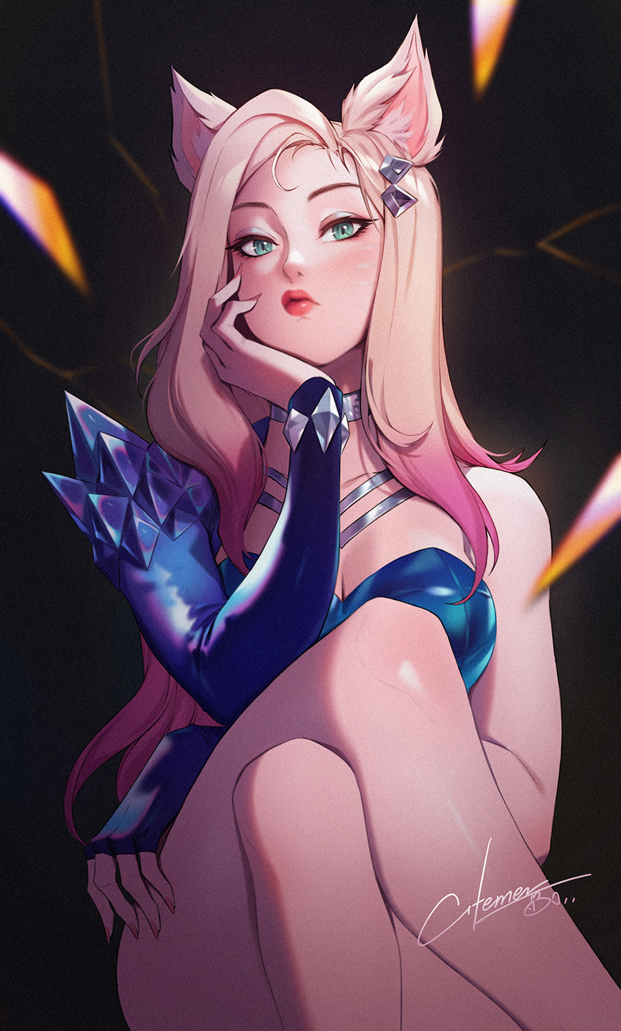 1girl ahri animal_ears asymmetrical_clothes blonde_hair choker citemer crystal fox_ears fox_girl hair_ornament hairclip highres league_of_legends long_hair looking_at_viewer makeup multicolored_hair shiny shiny_skin sitting solo the_baddest_ahri whisker_markings