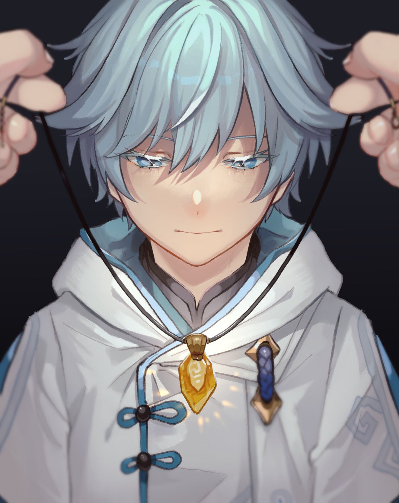 1boy 1other bangs black_background blue_eyes blue_hair blurry blurry_foreground chinese_clothes chongyun_(genshin_impact) commentary_request gem genshin_impact hair_between_eyes highres holding holding_jewelry holding_necklace hood hood_down hoodie jewelry light_smile looking_down male_focus necklace pov pov_hands raku_ge shine short_hair simple_background smile solo_focus