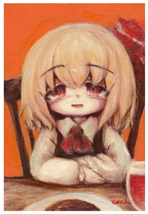 1girl bangs blonde_hair blush border chair commentary_request cravat cup drinking_glass eyebrows_visible_through_hair food hair_ribbon kouba looking_at_viewer open_mouth orange_background plate red_eyes red_neckwear red_ribbon ribbon rumia shirt short_hair signature sitting solo table touhou traditional_media upper_body vest white_border white_shirt wine_glass wing_collar