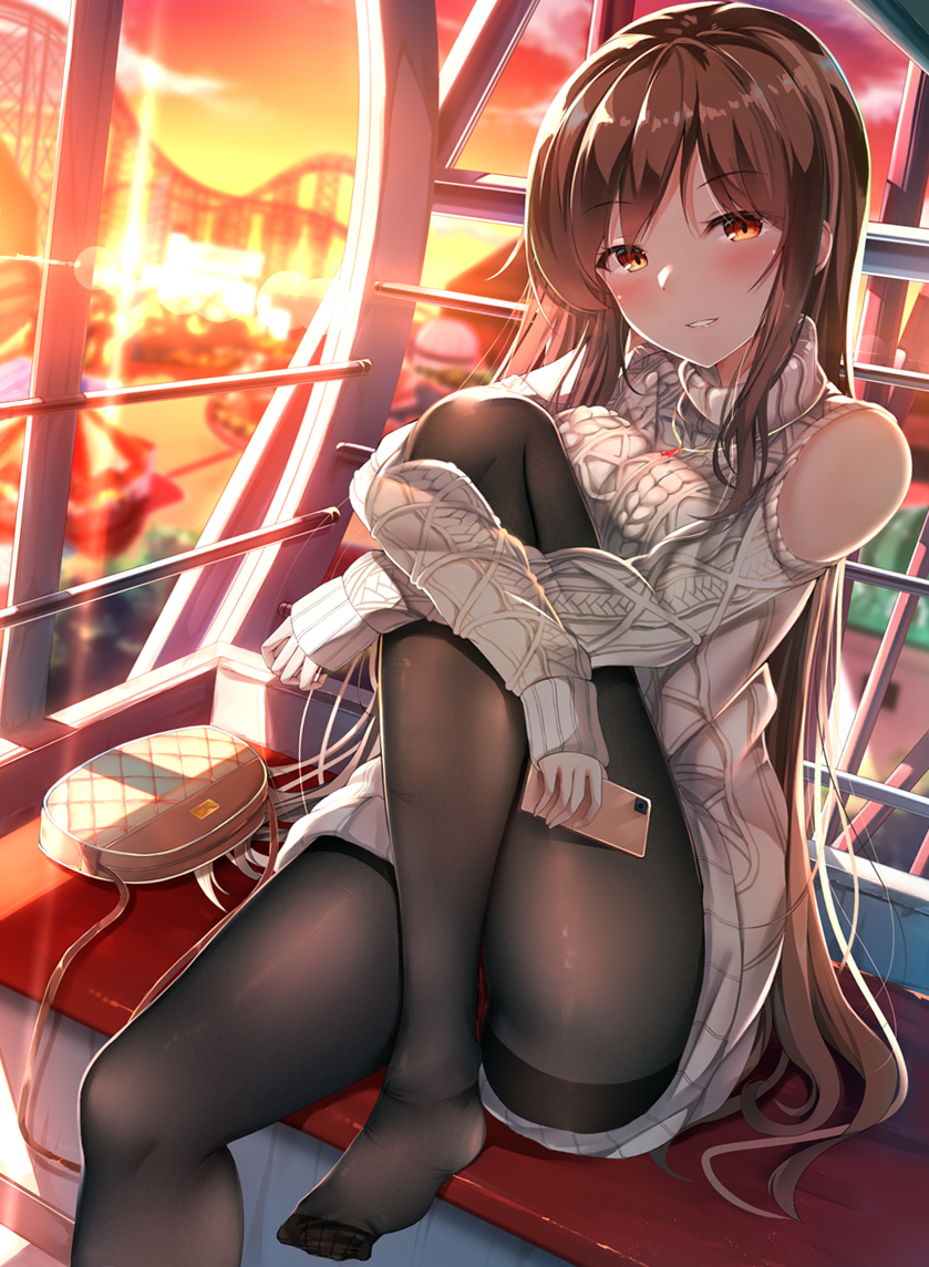 1girl bag bangs bare_shoulders black_legwear blush breasts brown_hair cellphone clothing_cutout commentary_request evening eyebrows_visible_through_hair ferris_wheel handbag hiragi_ringo holding holding_phone jewelry knee_up lens_flare long_hair long_sleeves looking_at_viewer necklace no_shoes original outdoors panties panties_under_pantyhose pantyhose parted_lips phone red_eyes red_panties shoulder_cutout sitting smartphone smile solo straight_hair sunlight sweater turtleneck turtleneck_sweater underwear upskirt very_long_hair
