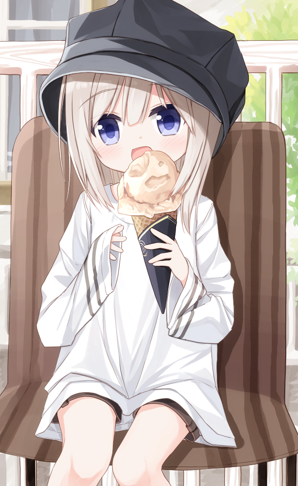 1girl :d bangs black_headwear blue_eyes blush brown_shorts cabbie_hat eyebrows_visible_through_hair feet_out_of_frame food hair_between_eyes hat holding holding_food ice_cream ice_cream_cone light_brown_hair long_hair long_sleeves looking_at_viewer on_chair open_mouth original railing shirt short_shorts shorts sitting sleeves_past_wrists smile solo white_shirt wide_sleeves yuuhagi_(amaretto-no-natsu)