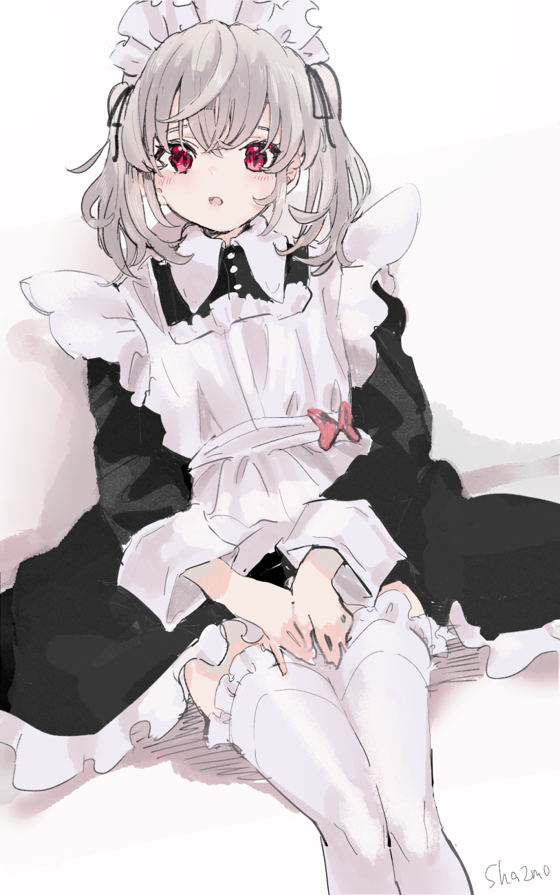 1girl apron bangs black_dress black_ribbon collared_dress commentary_request dress eyebrows_behind_hair feet_out_of_frame frilled_apron frilled_dress frills grey_hair hair_between_eyes hair_ribbon highres looking_at_viewer maid maid_apron maid_headdress original parted_lips red_eyes ribbon sha2mo signature sitting solo thigh-highs twintails white_apron white_background white_legwear