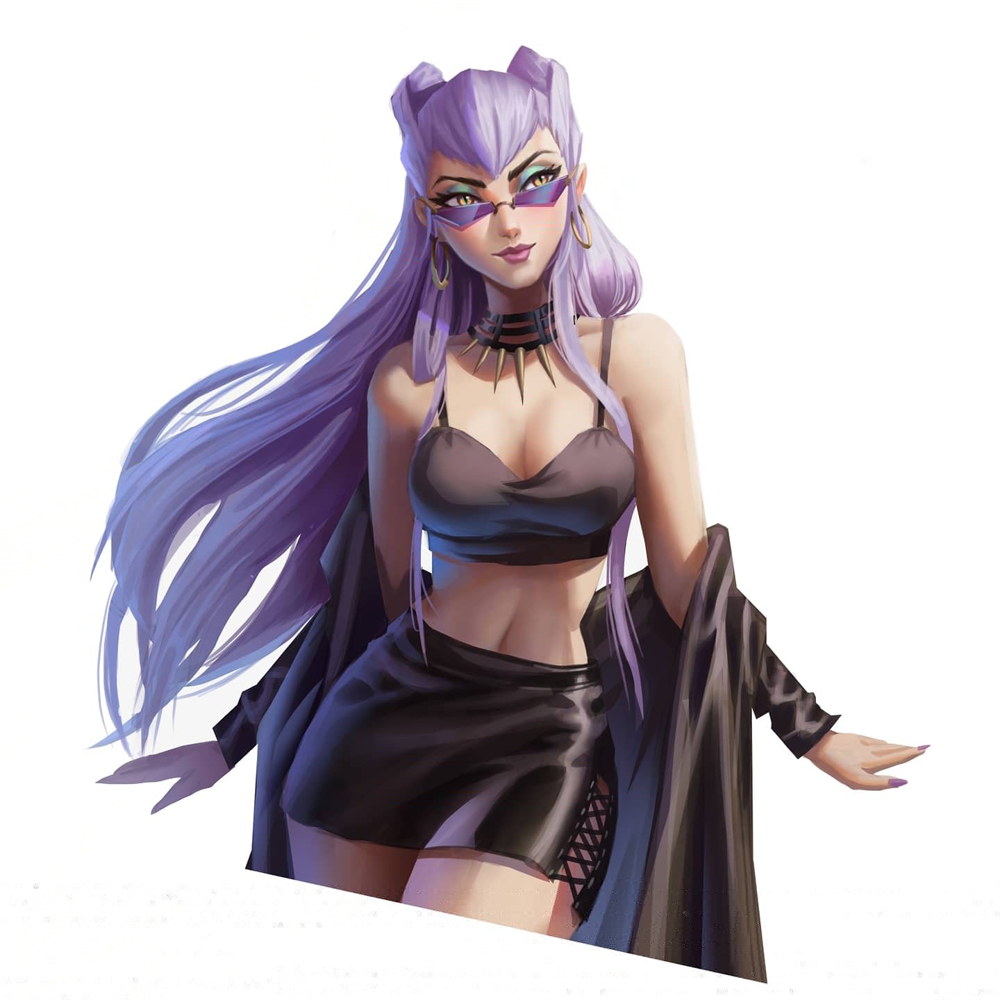 1girl bangs bare_shoulders blush demon_girl earrings evelynn_(league_of_legends) glasses highres hoop_earrings jewelry league_of_legends liemnguyenart long_hair makeup open_clothes silver_hair skirt the_baddest_evelynn yellow_eyes